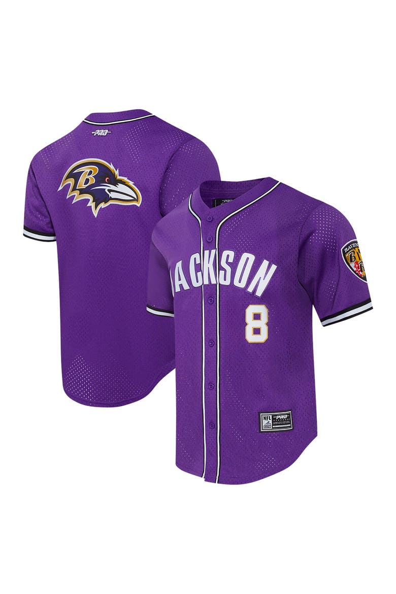 Men's Pro Standard Lamar Jackson Purple Baltimore Ravens Mesh Button-Up Baseball Jersey, Main, color, Purple