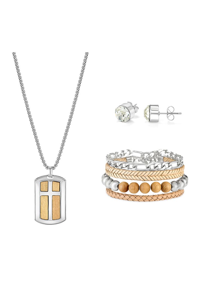 Men's Necklace, Bracelets & Earrings Gift Set, Alternate, color, SILVER/ BROWN