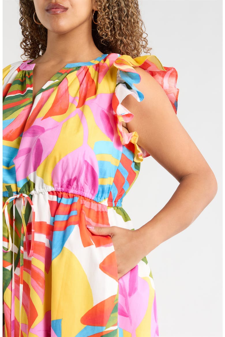 Breezy Palms Tiarna Flutter Sleeve Tie Waist Midi Dress, Alternate, color, WHITE RED GREEN
