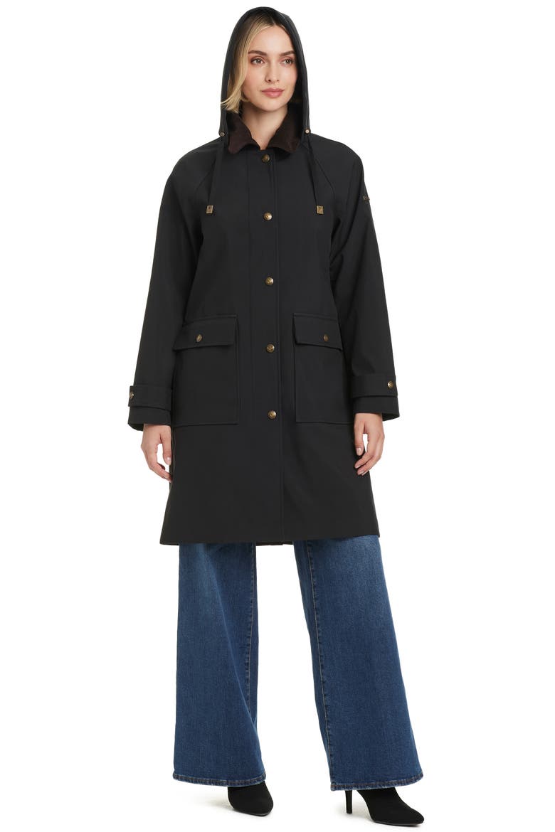 Contrast Collar Longline Raincoat, Alternate, color, BLACK