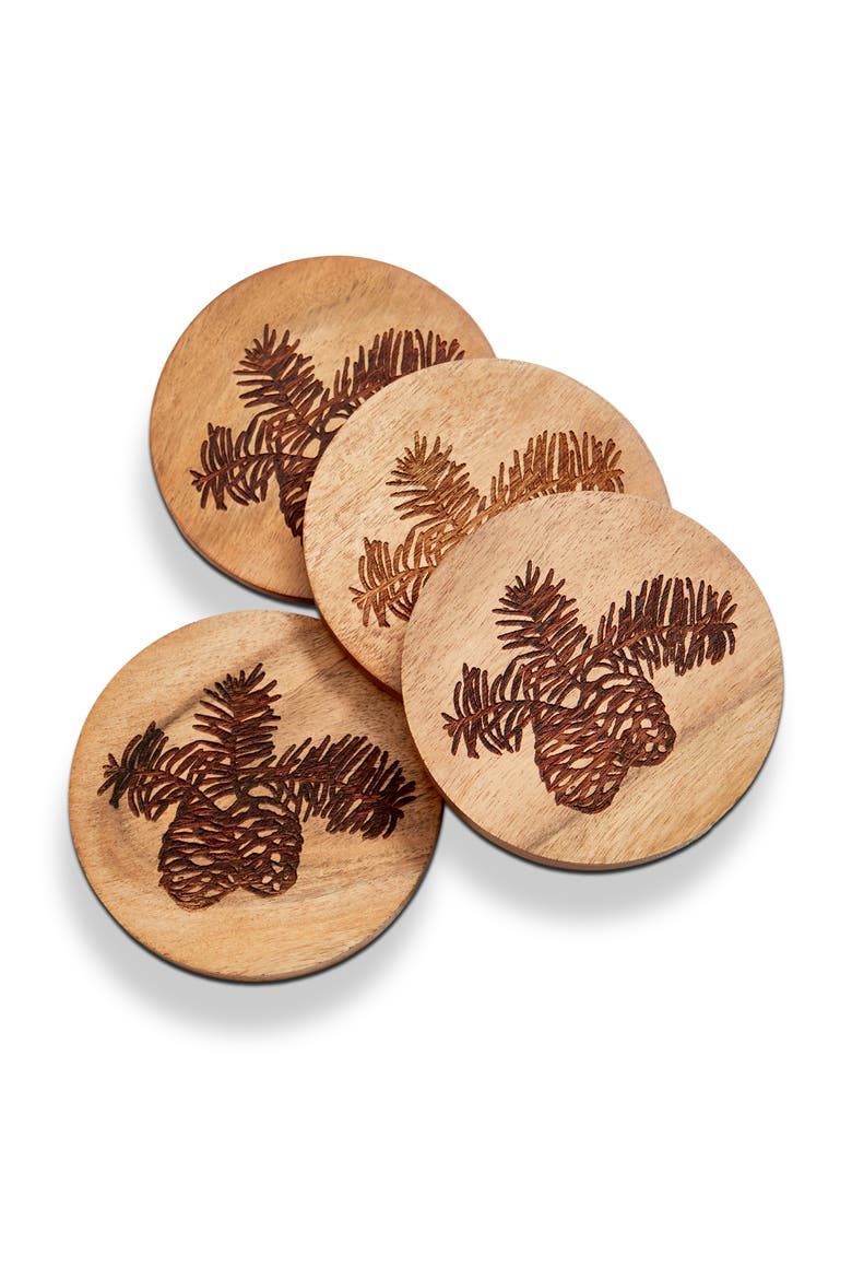 Northern Pine Christmas Bar Coaster Set 4 Natural Acacia Wood 4x4 in, Main, color, Beige