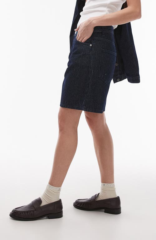 Topshop Pinstripe Denim Bermuda Shorts In Dark Blue Multi