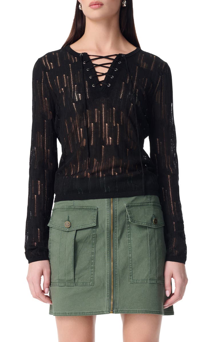 Robert Rodriguez Chiara Distressed Lace-Up Sweater, Main, color, Black