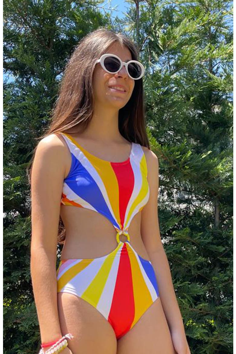 Kids' Colorful Print Cut-Out One-Piece Swimsuit, Alternate, color, Multicolor