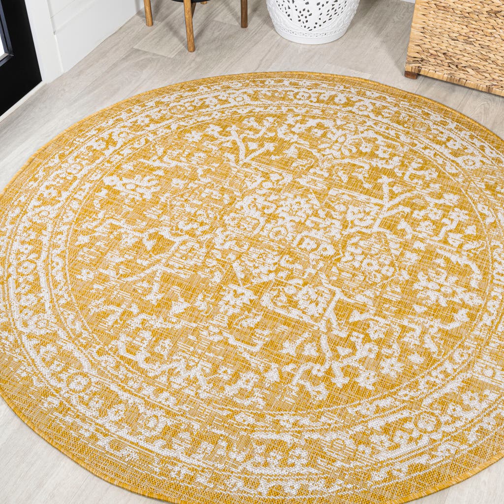 Jonathan Y Malta Bohemian Medallion Textured Weave Indoor/outdoor Round Area Rug In Yellow/cream