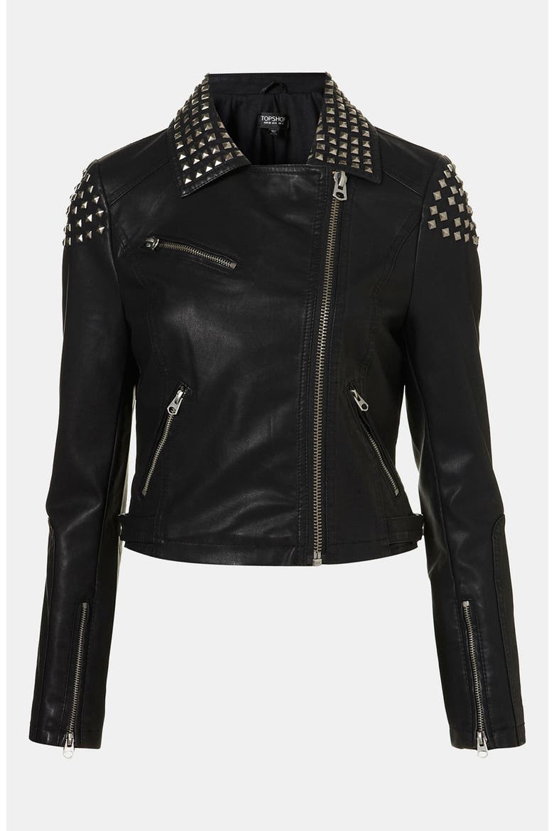 Studded Faux Leather Biker Jacket, Main, color, BLACK