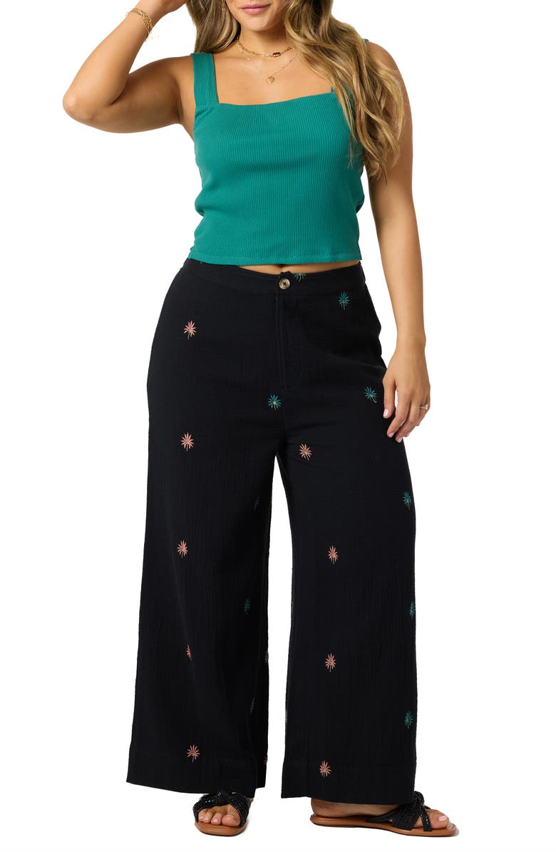 O'Neill Rhodes Palm Double Cotton Gauze Wide Leg Pants, Alternate, color, Black