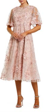 Mac Duggal Women's Flutter Sleeve Embroidered Midi Dress