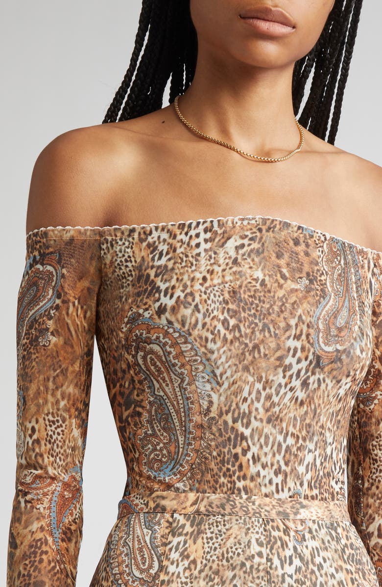 L'AGENCE Peonie Off the Shoulder Bodysuit, Alternate, color, Brown/ Blue Valencia Leopard