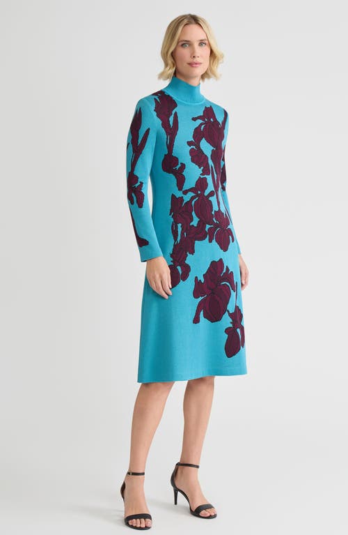 Ming Wang A-line Floral Jacquard Soft Knit Midi Dress In Blue