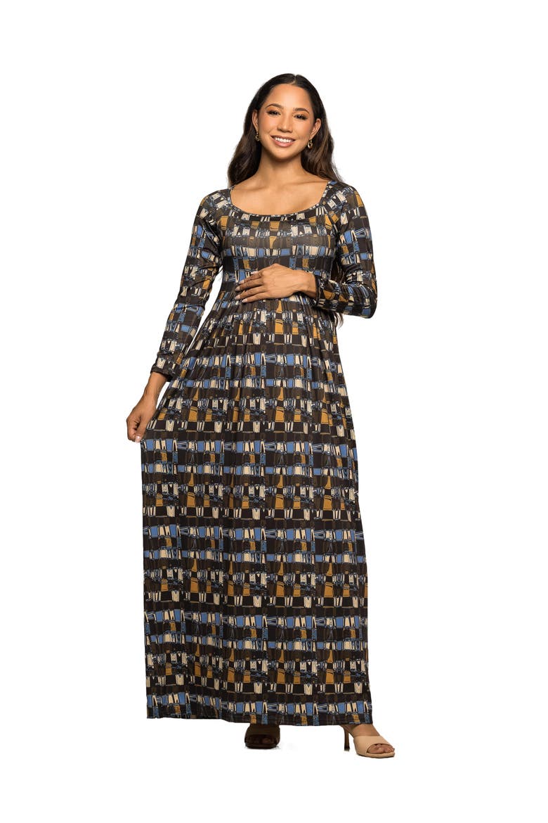 Geometric Print Long Sleeve Empire Waist Maxi Dress, Main, color, Green Multi
