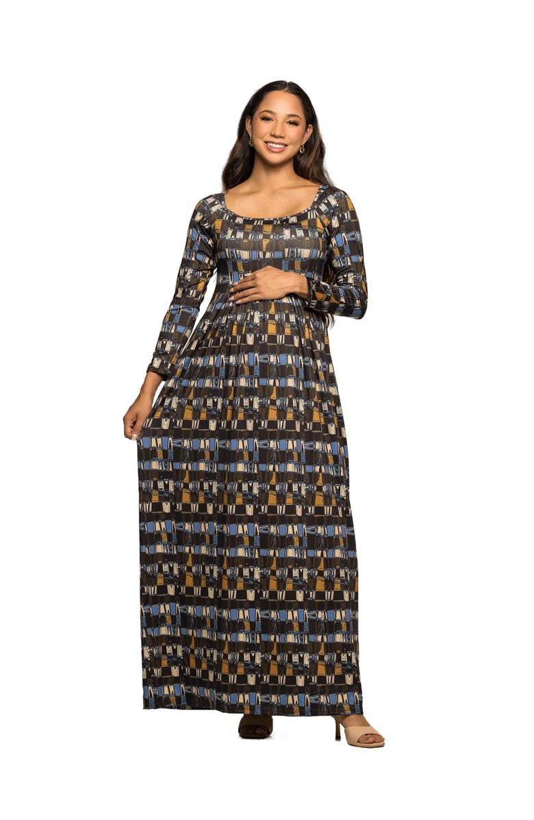 24seven Comfort Apparel Geometric Print Long Sleeve Empire Waist Maxi Dress, Main, color, Green Multi