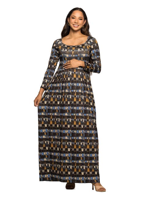 Geometric Print Long Sleeve Empire Waist Maxi Dress