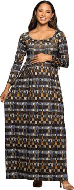 24seven Comfort Apparel Geometric Print Long Sleeve Empire Waist Maxi Dress