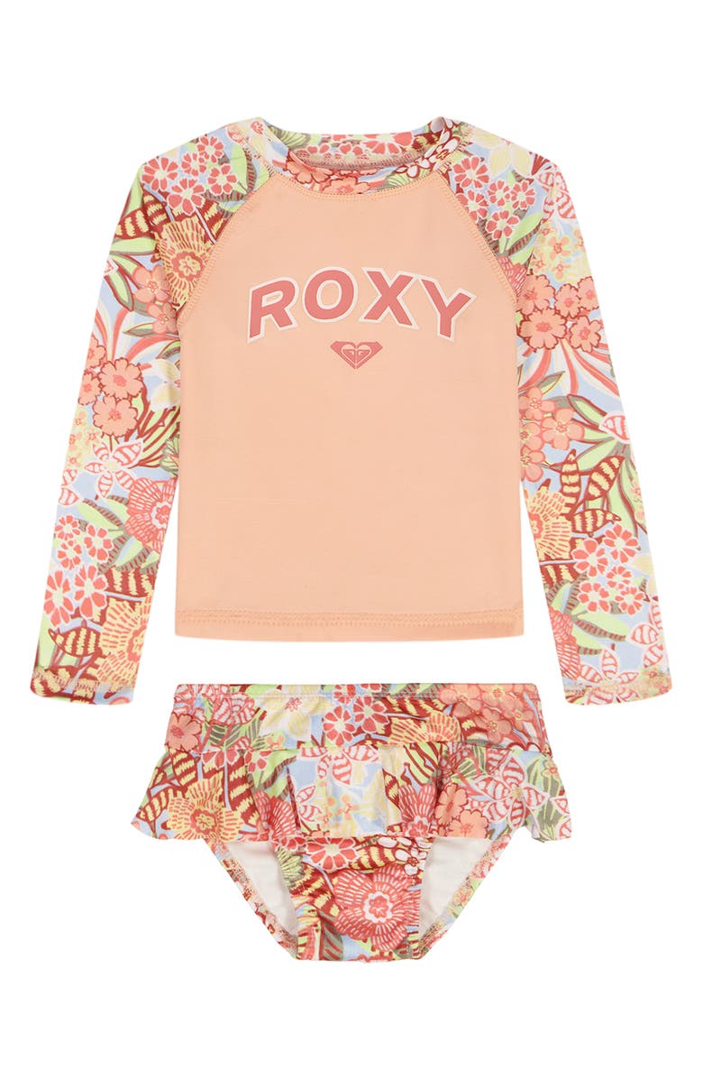 Roxy Kids' Rashguard Top & Bikini Bottoms Set, Main, color, Coral