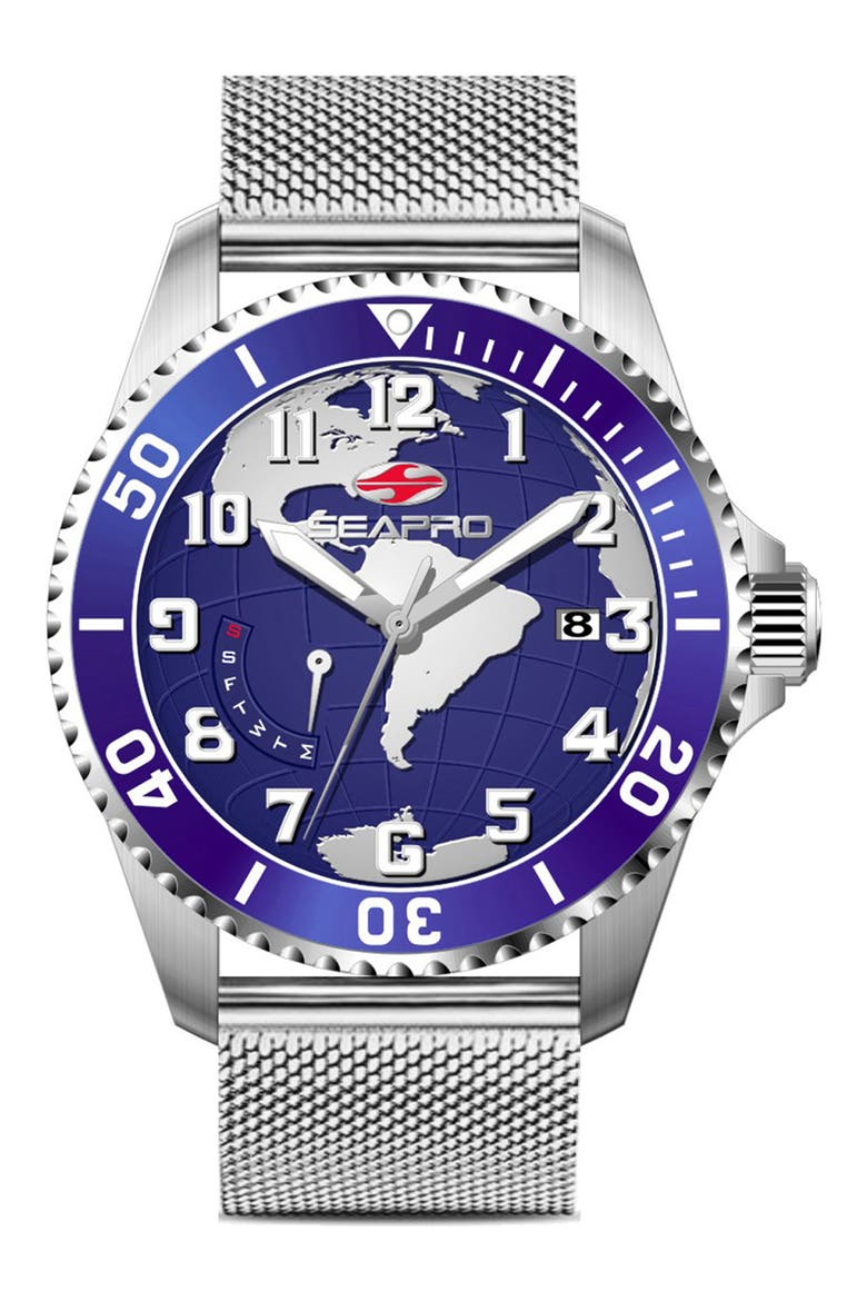 World Time Mesh Strap Watch, Main, color, BLUE/ SILVER