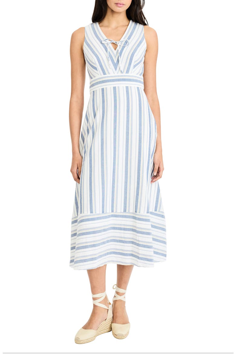 Stripe V-Neck Midi Dress, Main, color, IVORY/ BLUE/ YELLOW