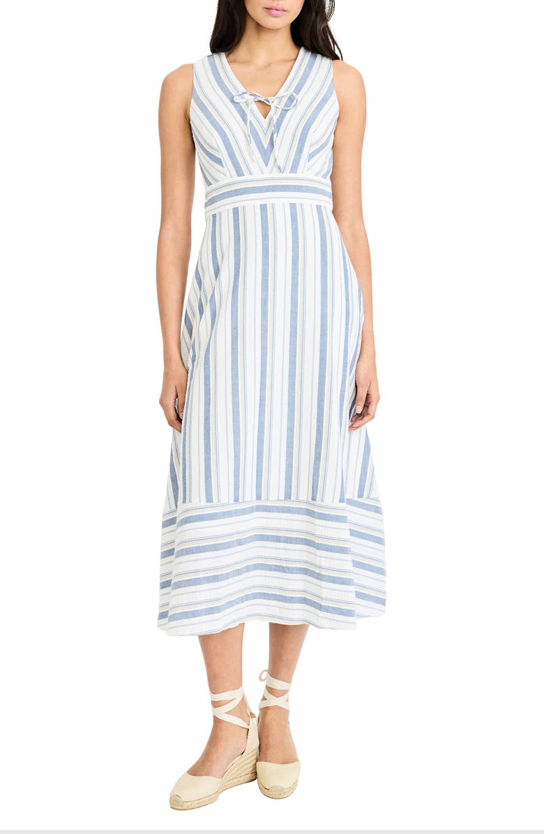 Maggy London Stripe V-Neck Midi Dress, Main, color, Ivory/ Blue/ Yellow