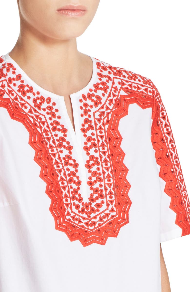 Tory Burch 'Isla' Embroidered Stretch Cotton Tunic, Alternate, color, 