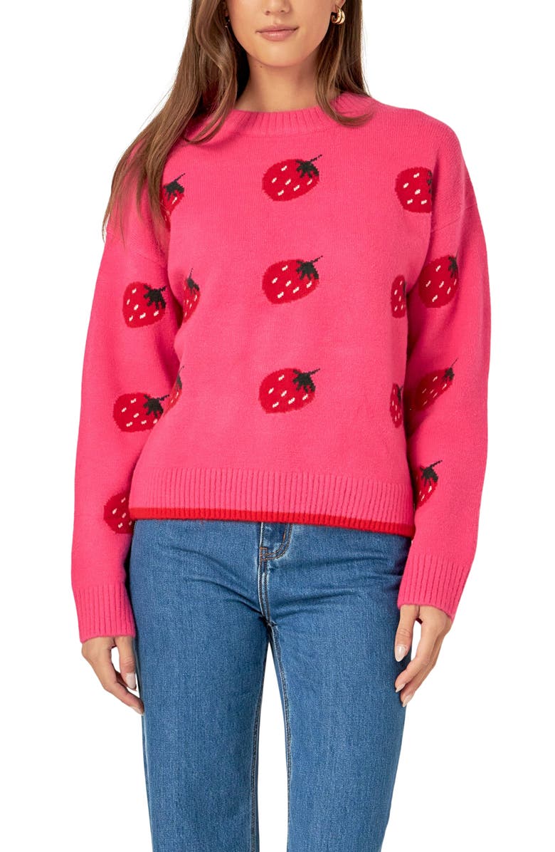 English Factory Strawberry Jacquard Crewneck Sweater, Main, color, 