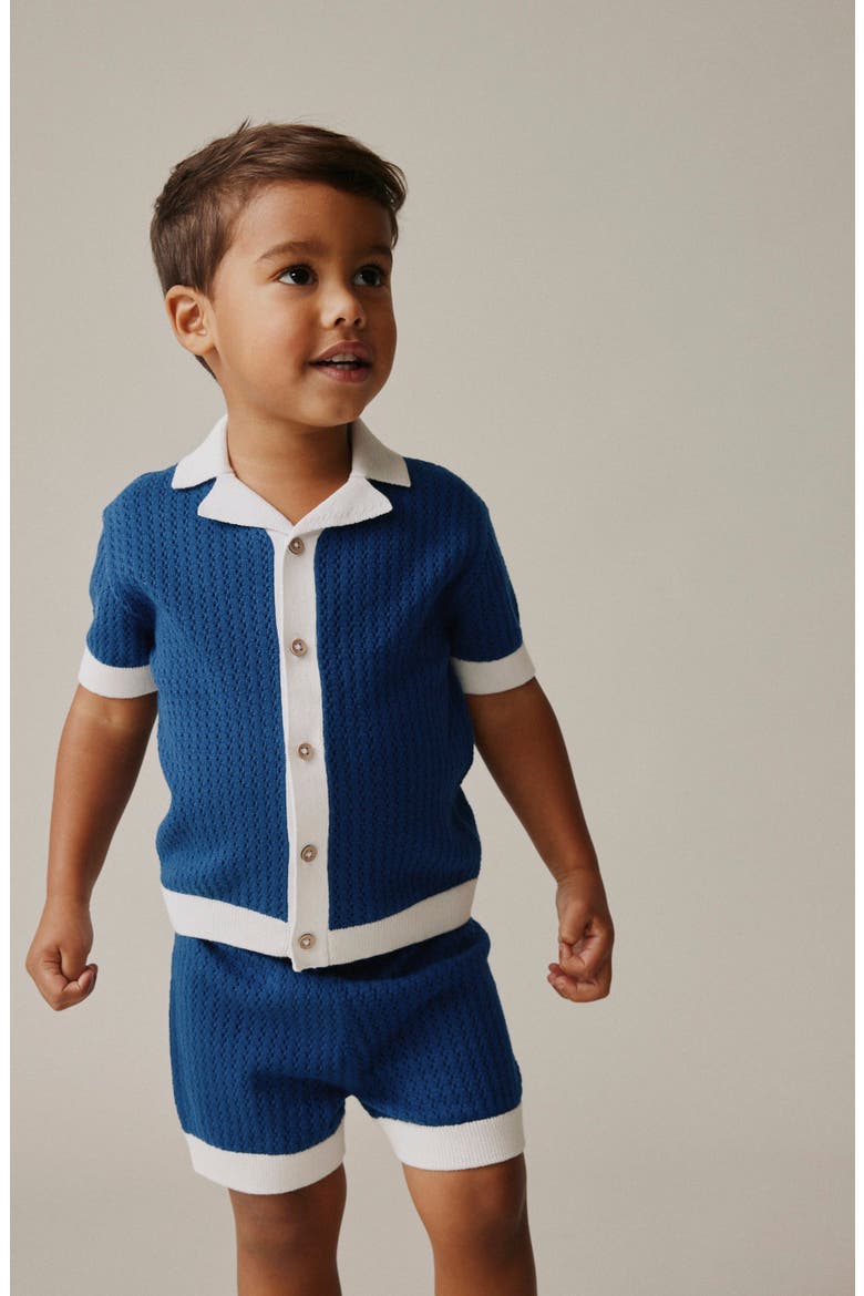 Kids' Open Knit Camp Shirt & Shorts Set, Alternate, color, BLUE MULTI