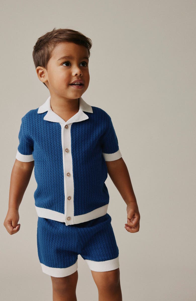 NEXT Kids' Open Knit Camp Shirt & Shorts Set, Alternate, color, Blue Multi