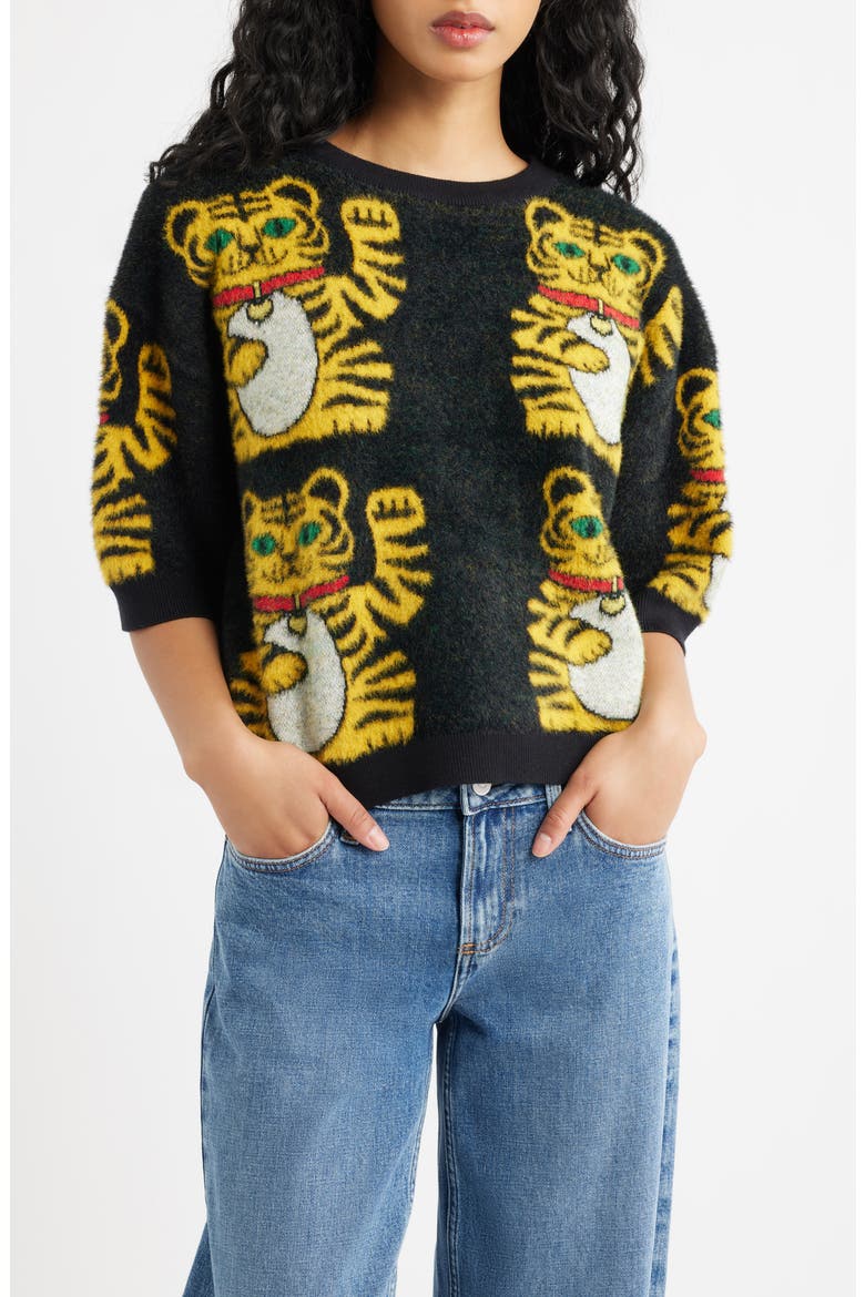 Lucky You Knit Tiger Top, Main, color, BLACK LUCKY KITTY