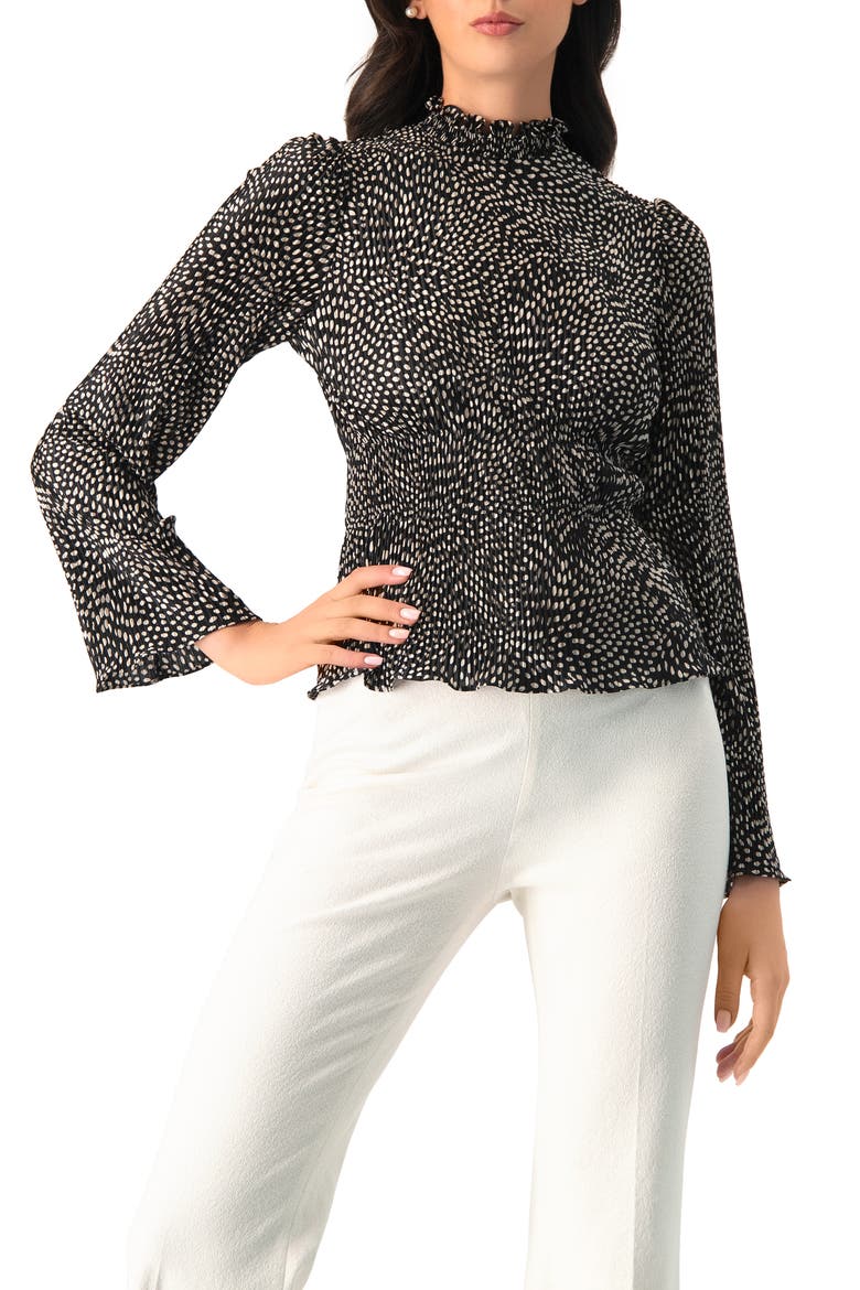 Long Sleeve Polka Dot Pleated Blouse, Alternate, color, Black
