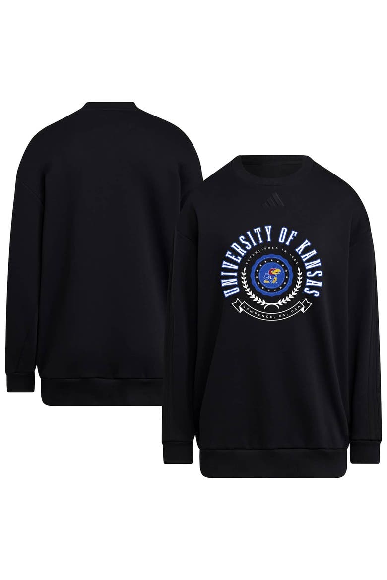 Women's adidas Black Kansas Jayhawks Oversized Crewneck Pullover, Alternate, color, Black