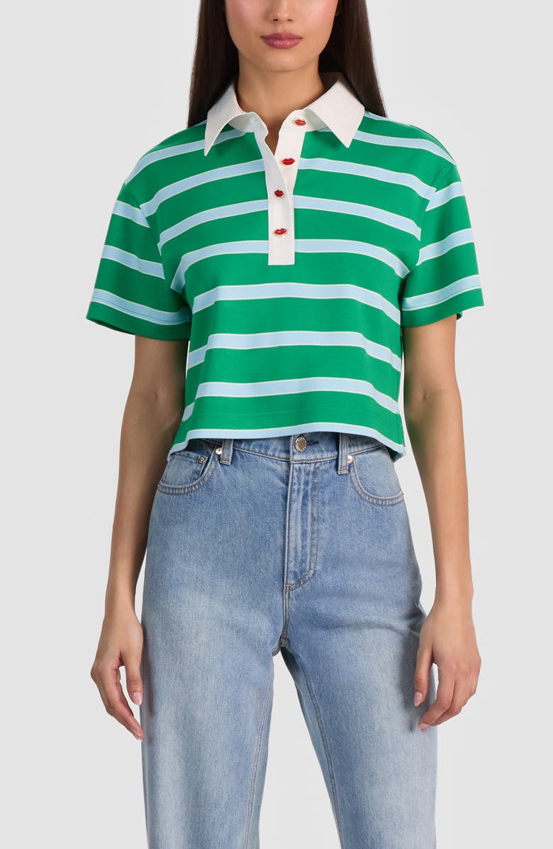 Alice + Olivia Lyle Short Sleeve Rugby Stripe Polo, Main, color, Green Apple/ Cloud Sky