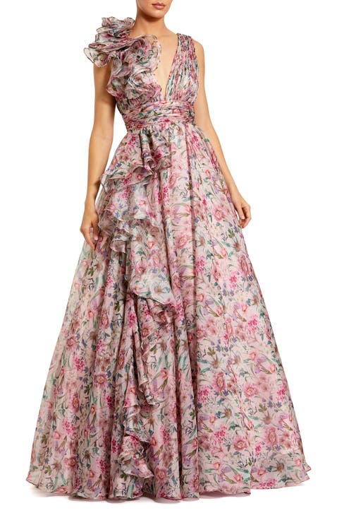 Ruffle Shoulder V-Neck Printed Chiffon Gown