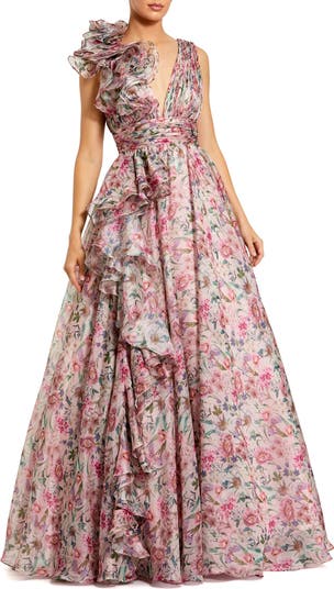 Mac Duggal - Pink Sleeveless V-Neck Floral Chiffon Ruffle Ball Gown - US 6