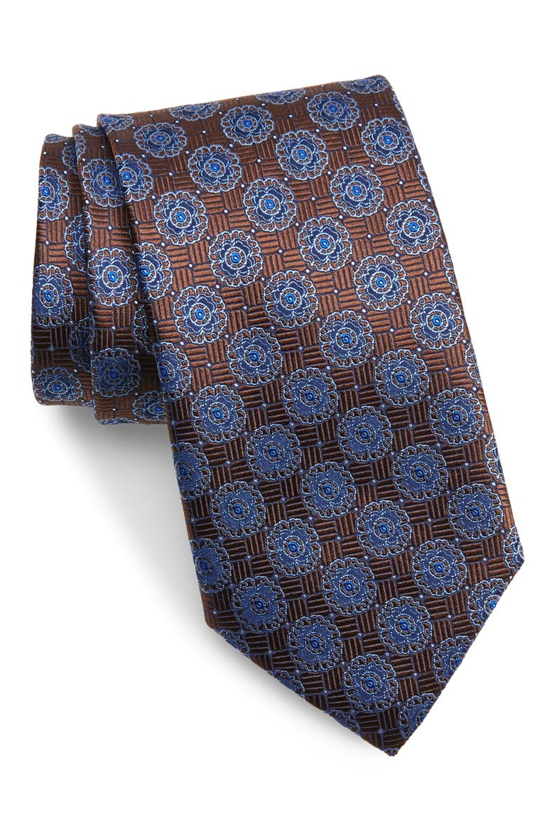 Floral Medallion Silk Tie, Main, color, BROWN