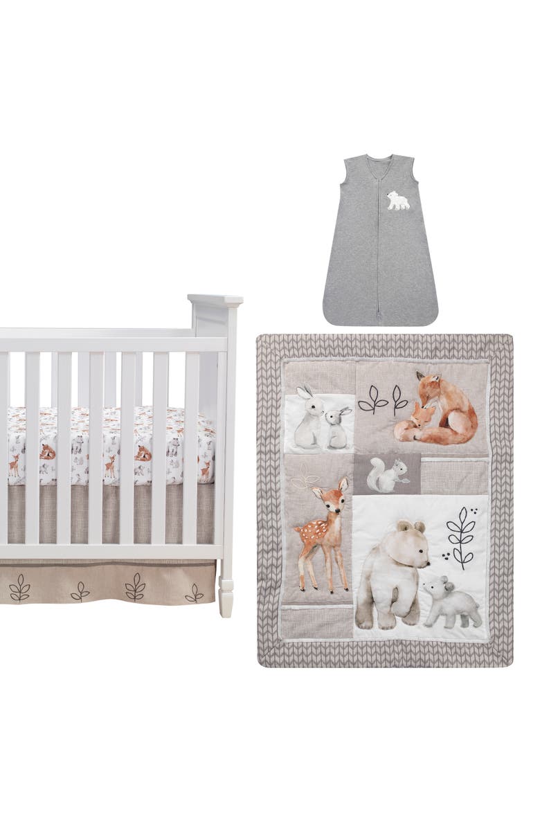 Lambs & Ivy Painted Forest Woodland Animals 4-Piece Nursery Baby Crib Bedding Set, Main, color, Tan