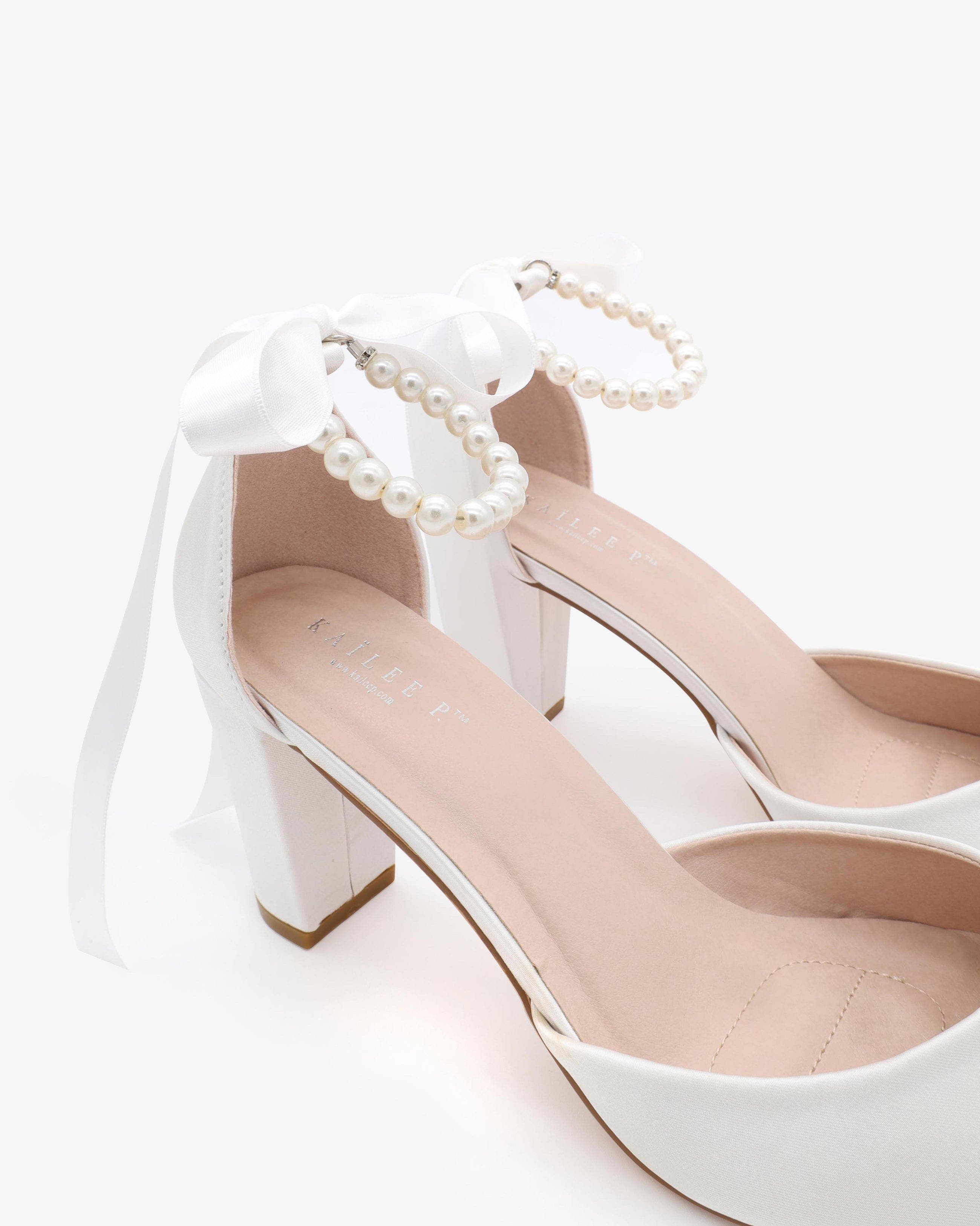 Kailee P Sarah Satin Wedding Block Heel with All Pearls Ankle Strap, Alternate, color, White
