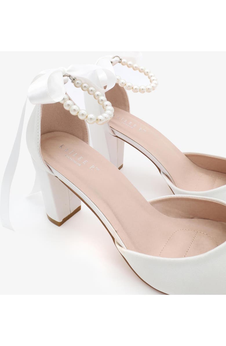 Kailee P Sarah Satin Wedding Block Heel with All Pearls Ankle Strap, Alternate, color, White