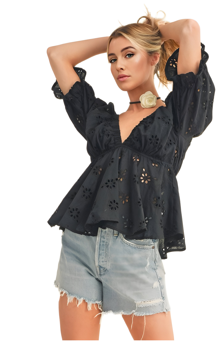 Knit and Lounge Eyelet Deep V-Neckline Peplum Top, Alternate, color, Black