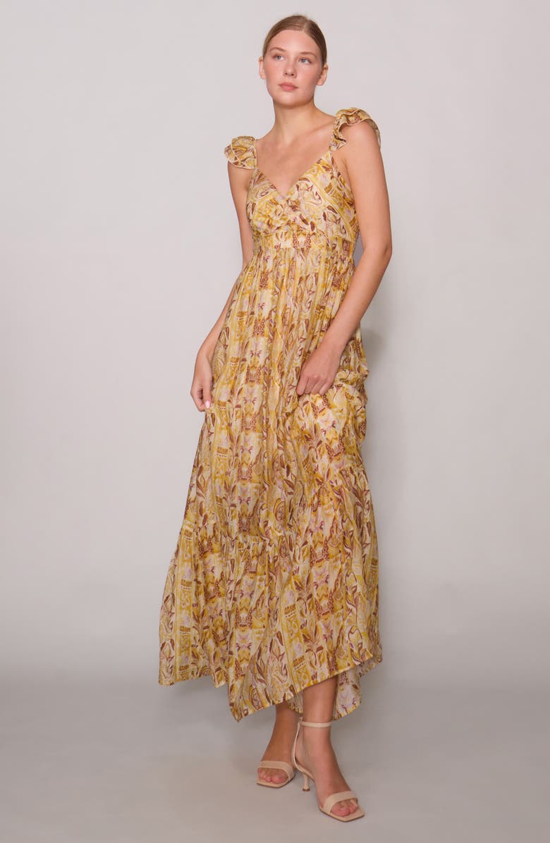 MELLODAY Print Tiered Maxi Dress, Alternate, color, Marigold Multi