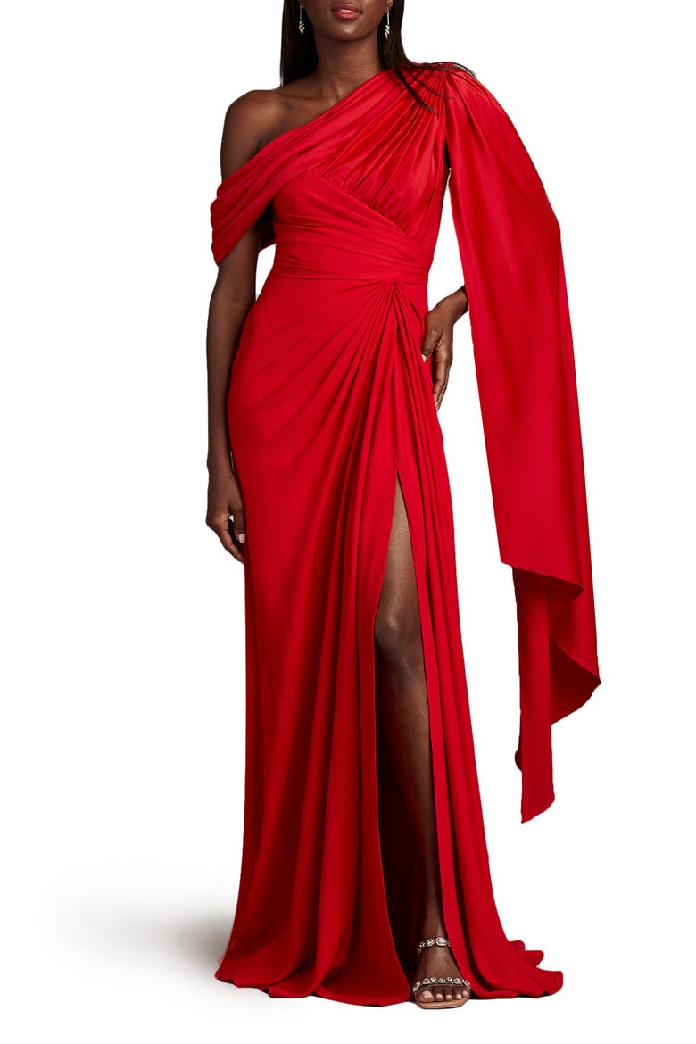 Ember One-Shoulder Draped Gown, Main, color, LAVA RED