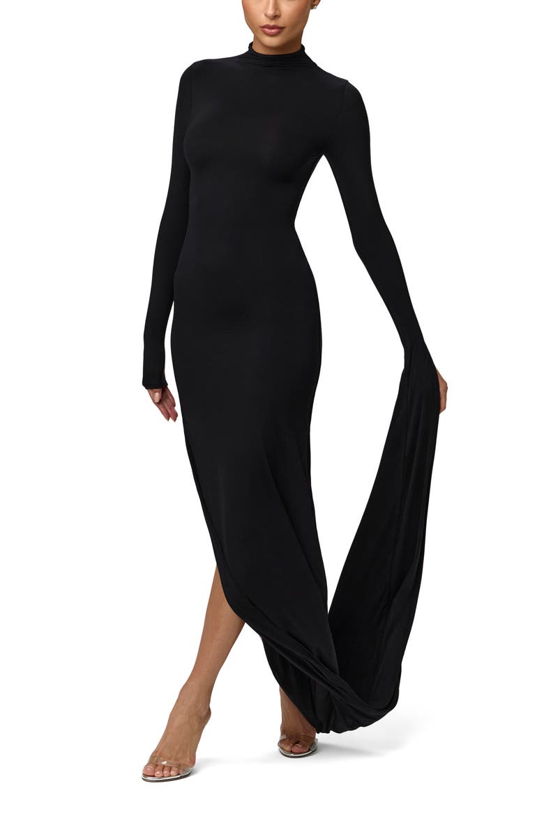 Drape Long Sleeve Maxi Dress, Alternate, color, BLACK