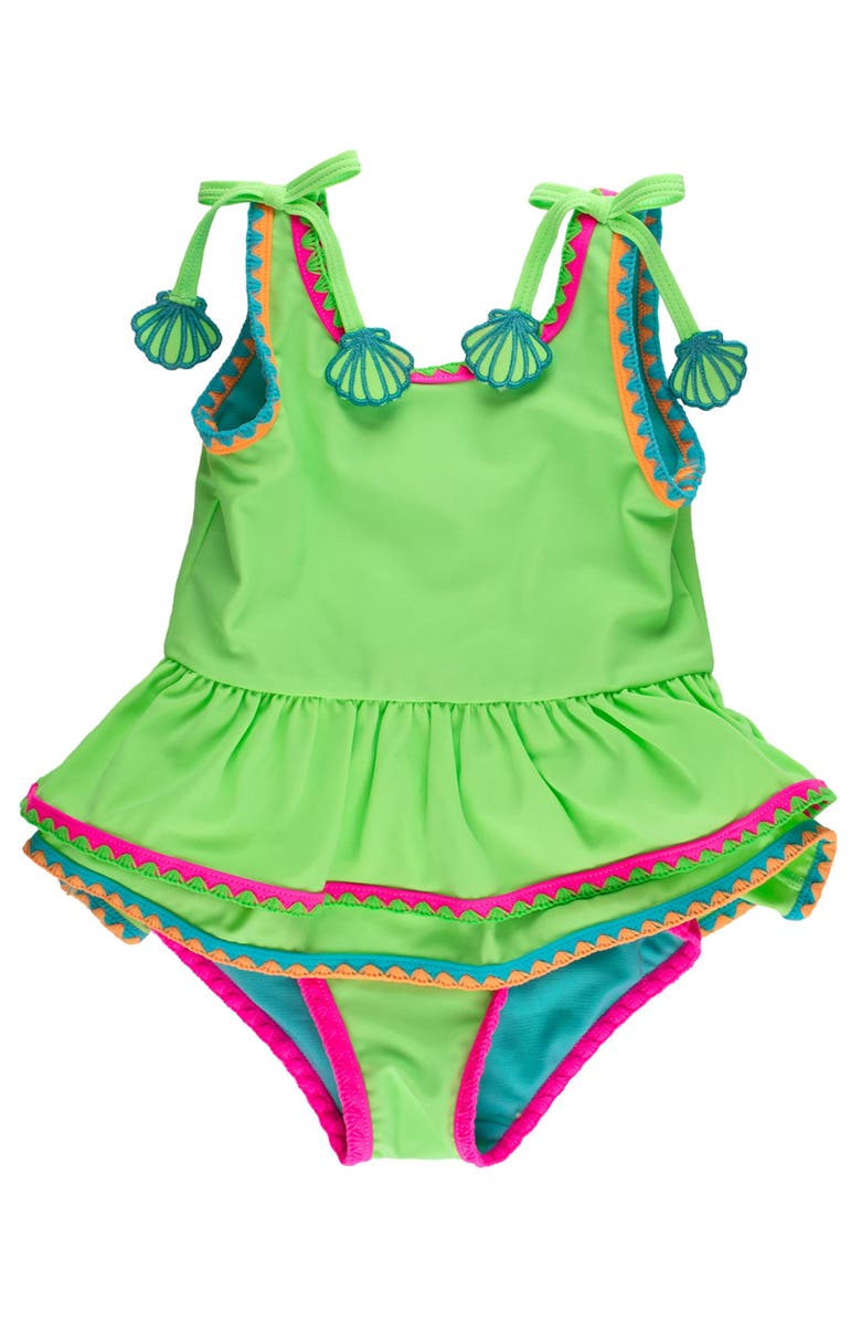 RuffleButts UPF50+ Crochet Detail Peplum One Piece Swimsuit, Main, color, Neon Honeydew