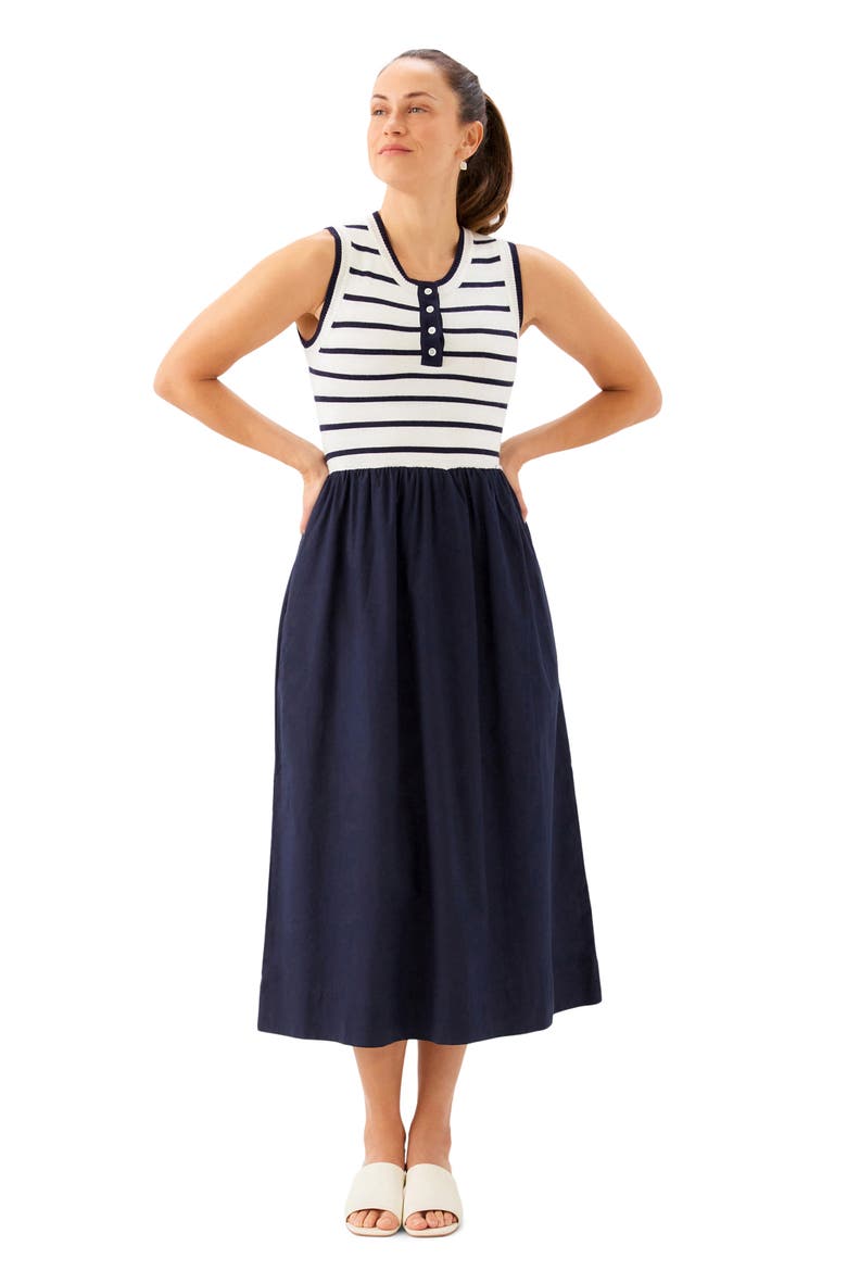 Stripe Mixed Media Midi Dress, Alternate, color, NAVY W/ OFF WHITE