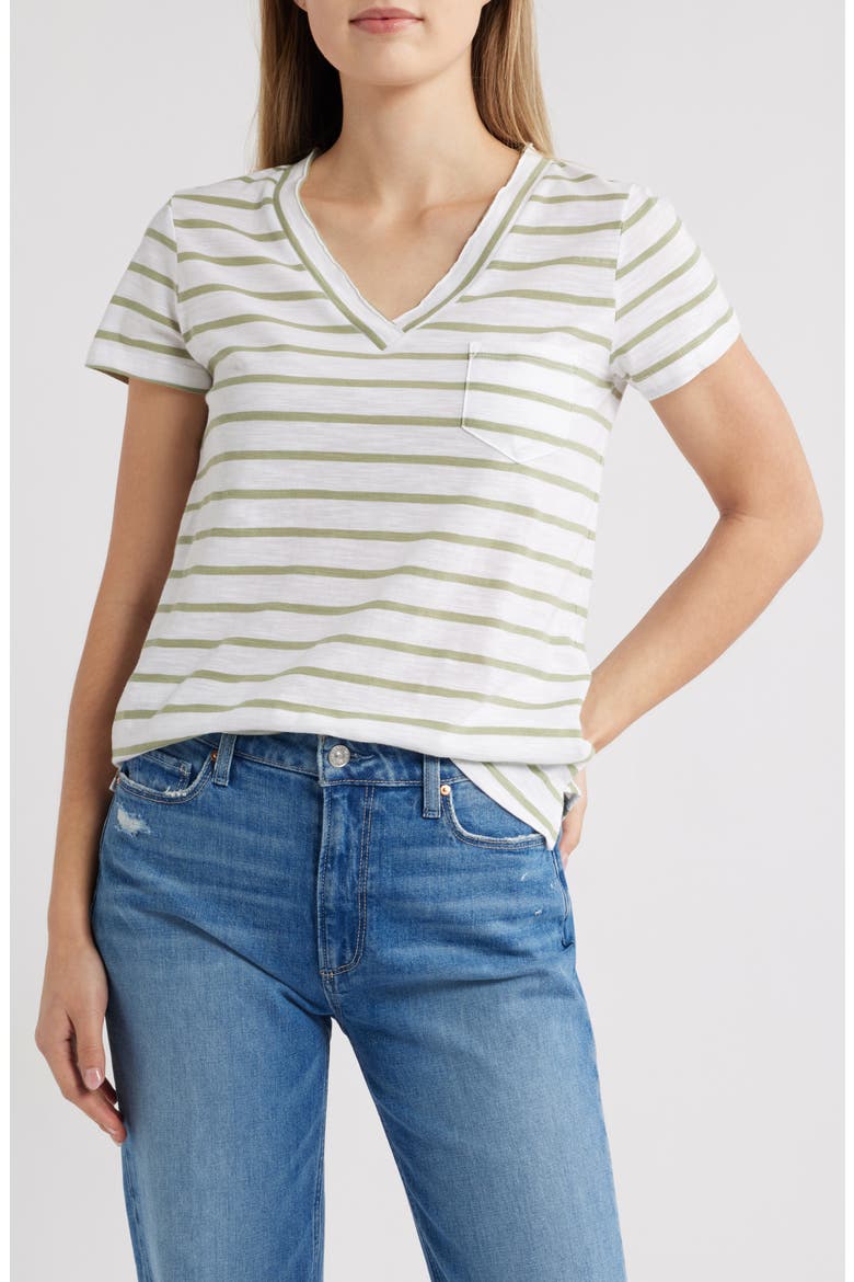Cotton & Modal V-Neck T-Shirt, Main, color, WHITE- OLIVE JOSEPHINE STRIPE