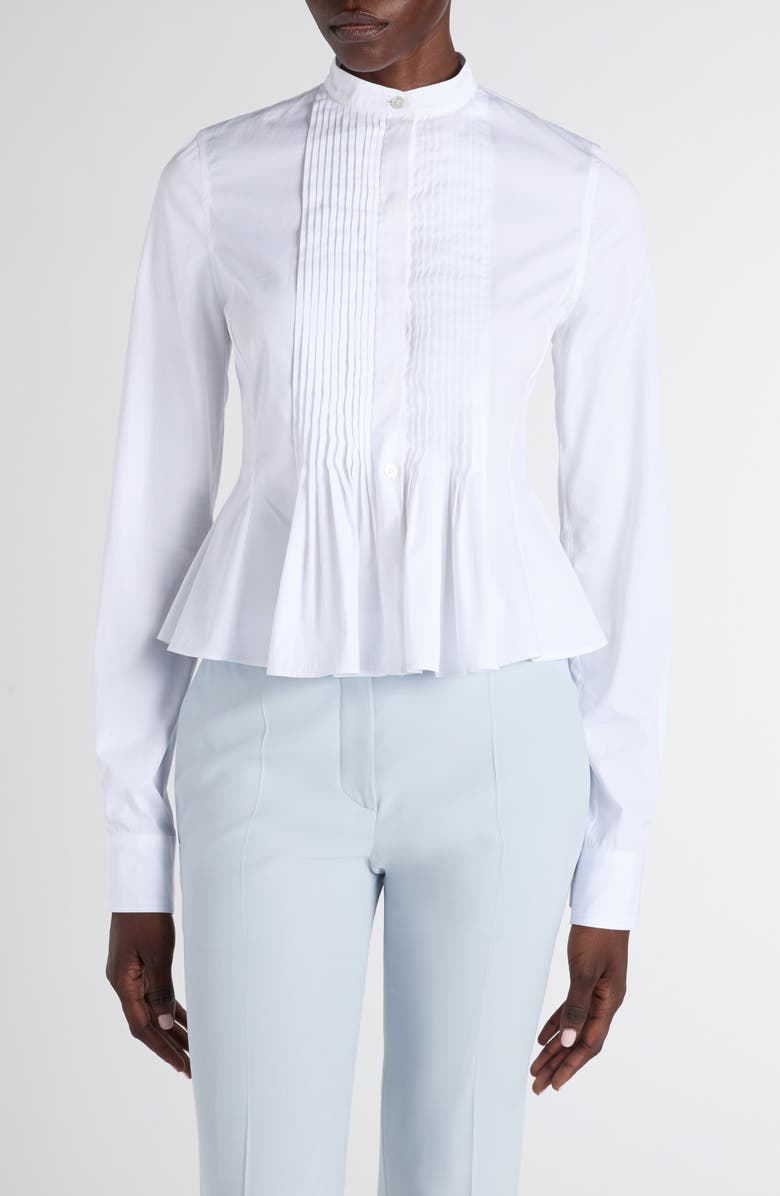 McQueen Pleated Cotton Poplin Peplum Shirt, Main, color, White