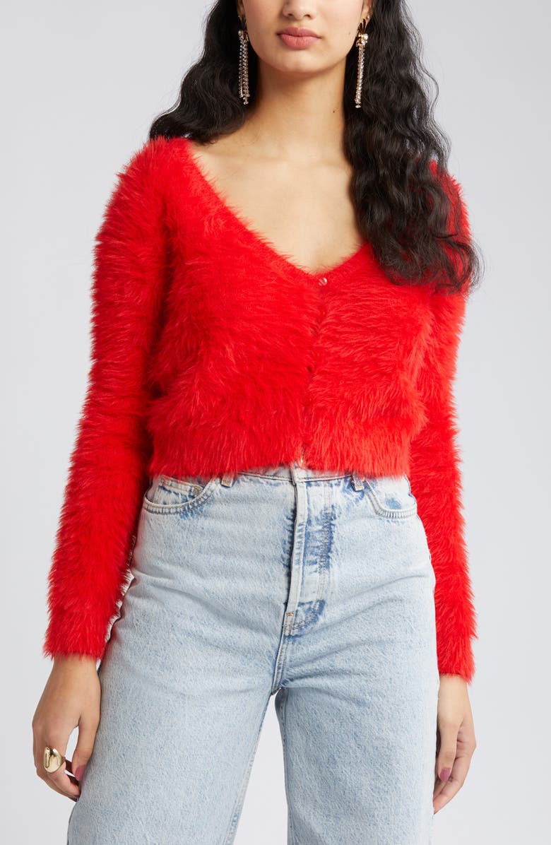 Open Edit Eyelash Knit Crop Cardigan, Main, color, Red Goji