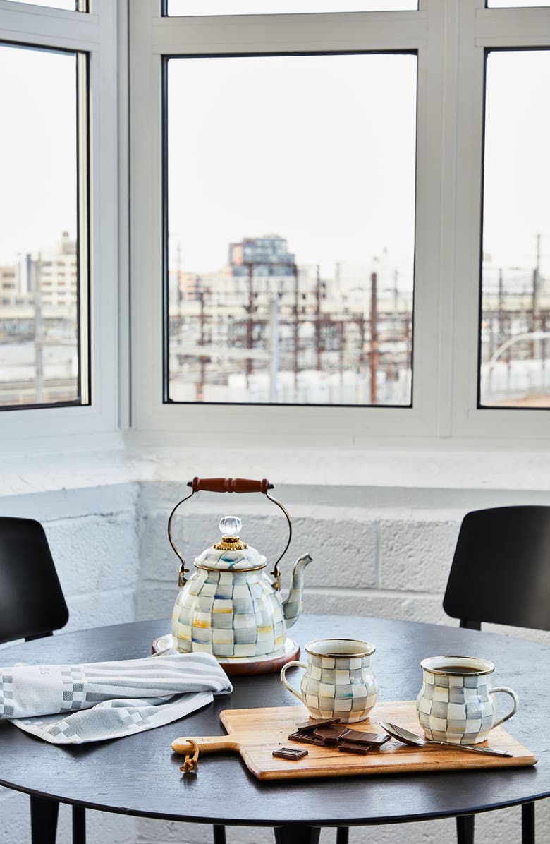 MACKENZIE CHILDS Sterling Check Enameled Steel 2-Quart Tea Kettle, Alternate, color, Grey/ White