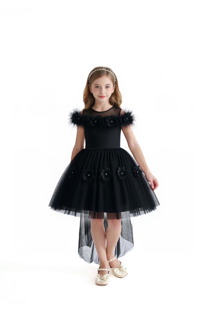 Tulleen Feather Bow Dress, Main, color, Black