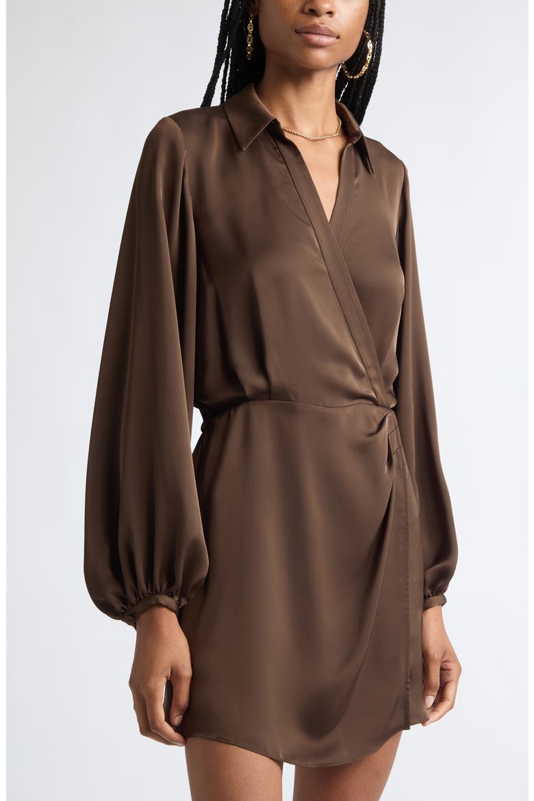 Carolyn Wrap Front Long Sleeve Satin Dress, Alternate, color, HERITAGE BROWN