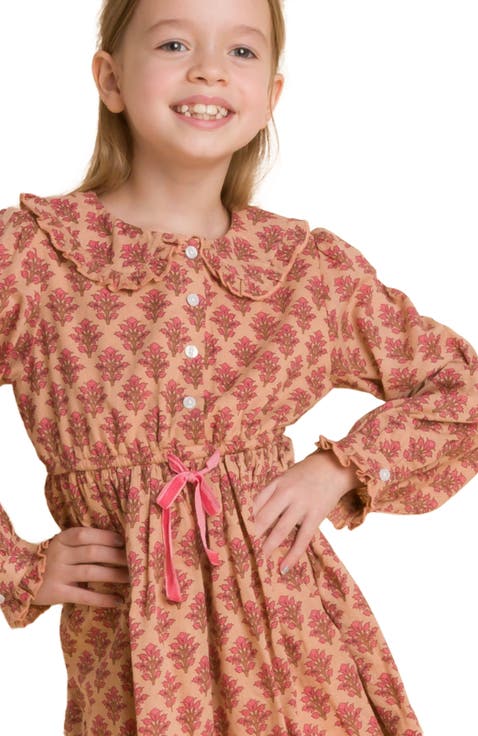 Girls' Long Sleeves Dress with Velvet Tie