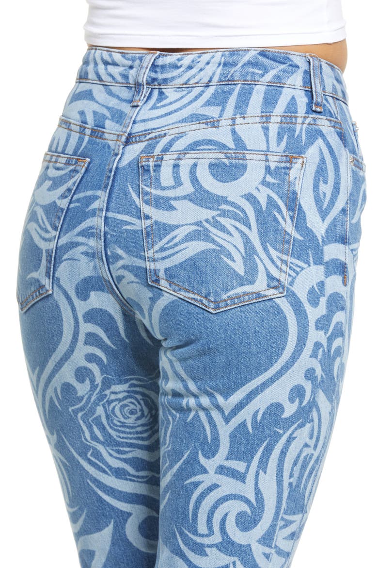 Laser Print Raw Hem High Waist Crop Straight Leg Jeans, Alternate, color, MID BLUE